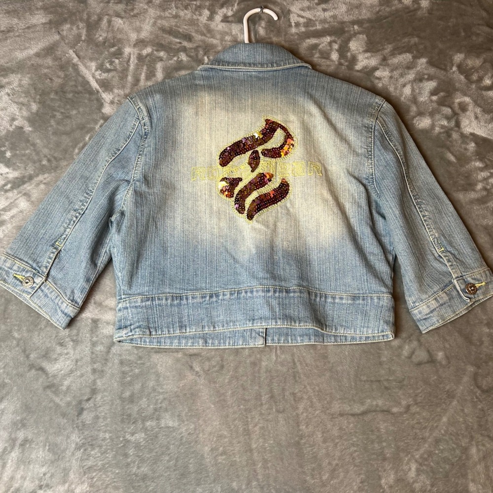 RocaWear Denim Jacket Kids Large 70s Wash Sequin Logo Cropped 3/4 Sleeve - Picture 6 of 7
